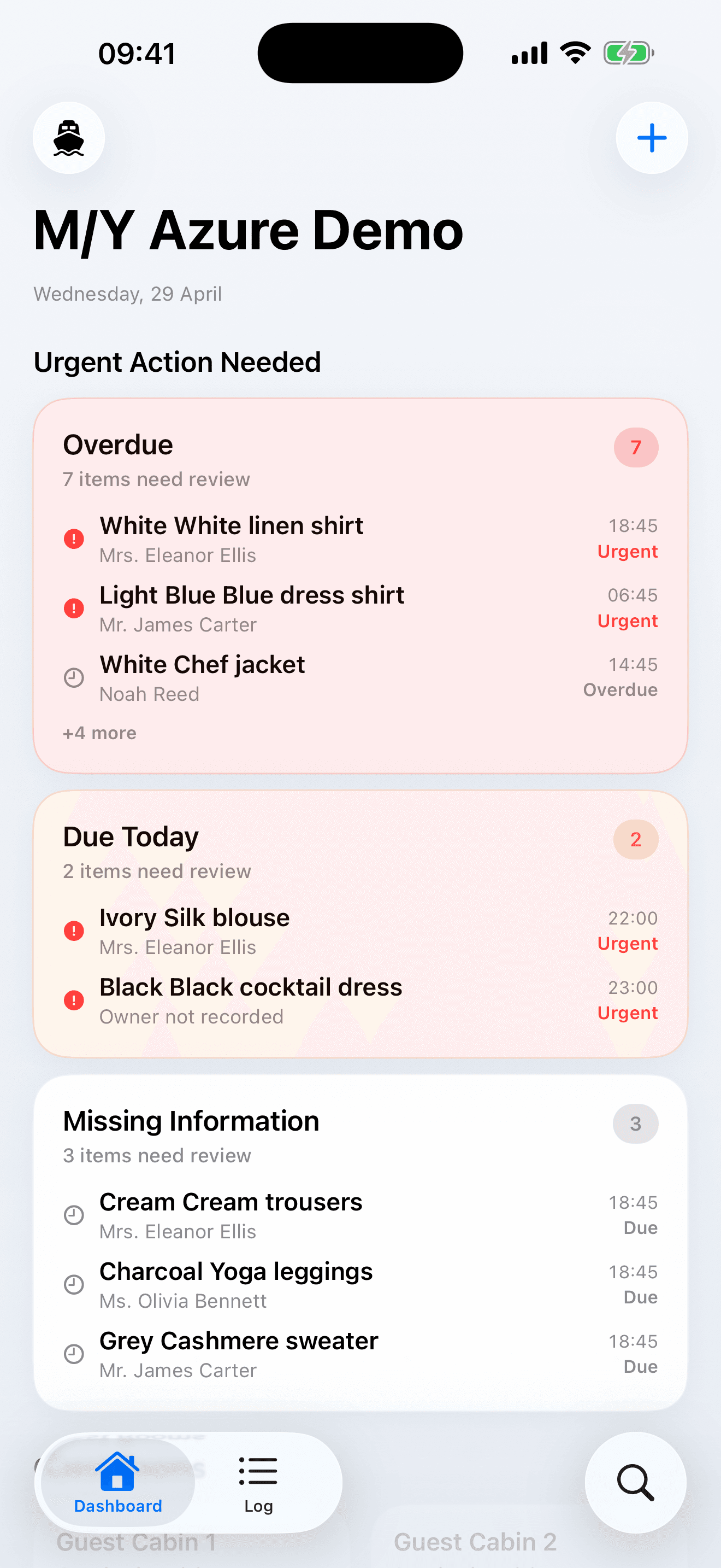 Laundry Guru dashboard showing urgent action, overdue, due today, and missing information